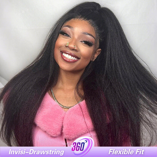 OQ HAIR Yaki Straight Invisi-Drawstring Flexible Fit 360 Glueless Wig Pre-Cut Lace Pre Bleached Knots