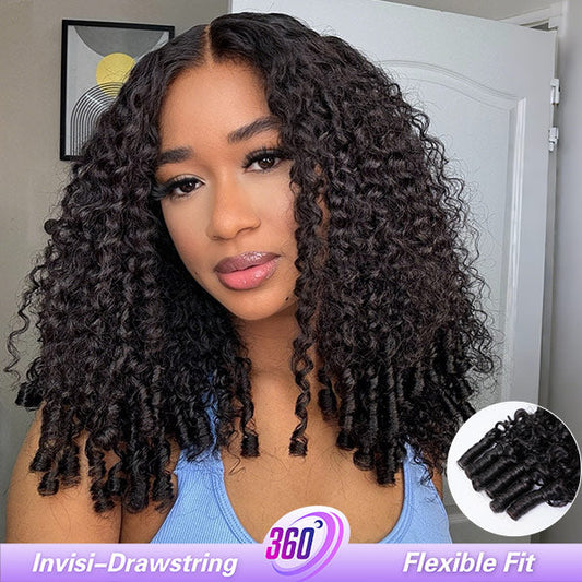 OQ HAIR Burmese Curly Invisi-Drawstring Pre-Cut Lace 360 Glueless Wig With Bleached Knots Snug Fit Wear Go Wig