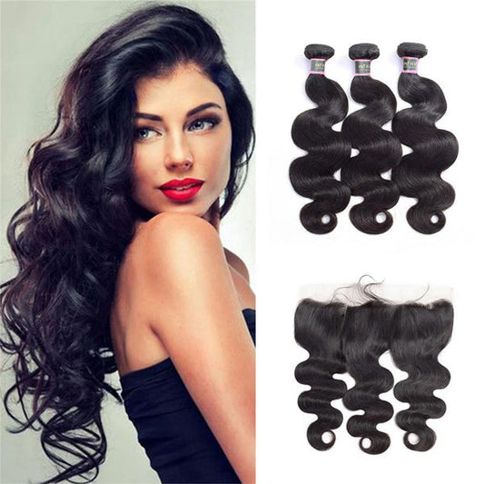 Body Wave Human Hair 3 Bundles with 13*4 Lace Frontal Natural Black