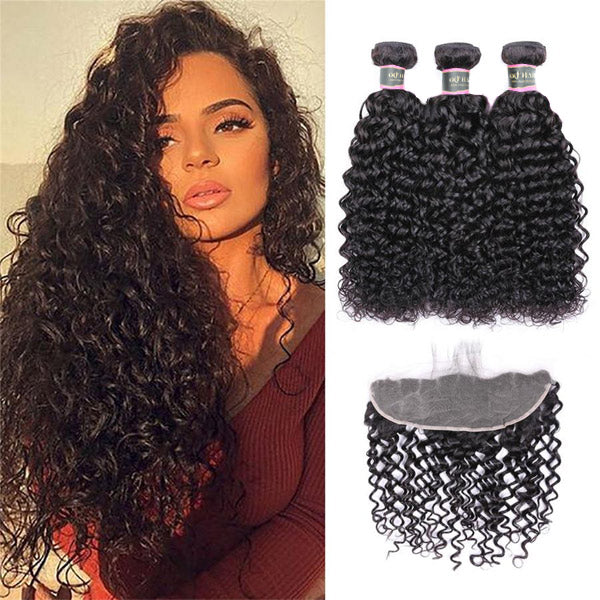 Water Wave Human Hair 3 Bundles with 13*4 Lace Frontal Natural Black