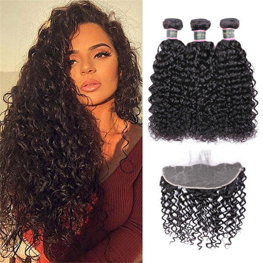 Water Wave Human Hair 3 Bundles with 13*4 Lace Frontal Natural Black