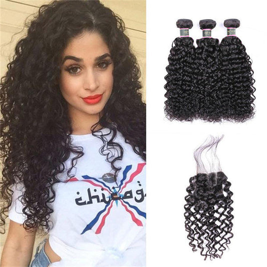 Water Wave Virgin Human Hair 3 Bundles With 4x4 Lace Closure