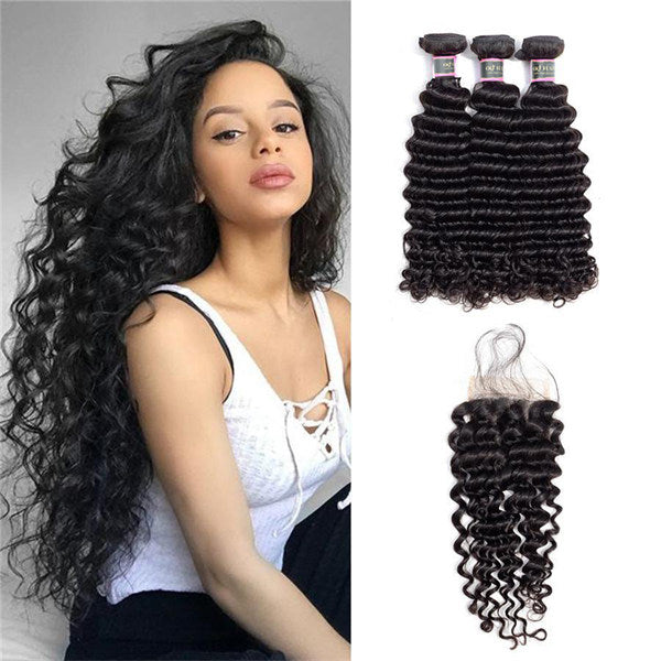 Deep Wave Virgin Human Hair 3 Bundles With 4x4 Lace Closure