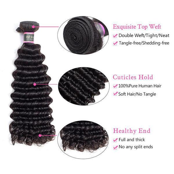 Deep Wave Virgin Human Hair 3 Bundles With 4x4 Lace Closure