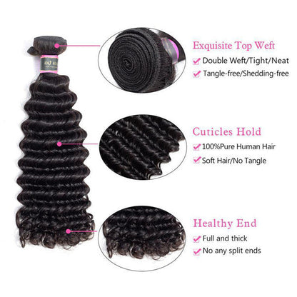 Deep Wave Virgin Human Hair 3 Bundles With 4x4 Lace Closure