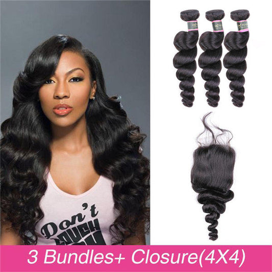 Loose Wave Virgin Human Hair 3 Bundles With 4x4 Lace Closure