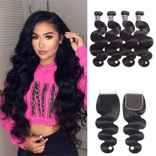 Gorgeous Body Wave Human Hair 4 Bundles with 4*4 Lace Clsoure Natural Black