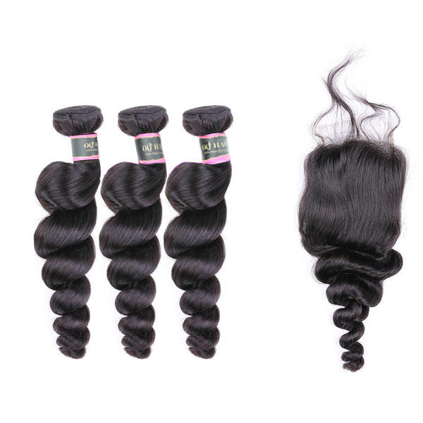 Loose Wave Virgin Human Hair 3 Bundles With 4x4 Lace Closure