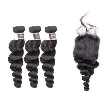 Loose Wave Virgin Human Hair 3 Bundles With 4x4 Lace Closure