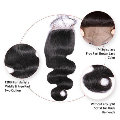 Body Wave Virgin Human Hair 3 Bundles With 4x4 Lace Closure