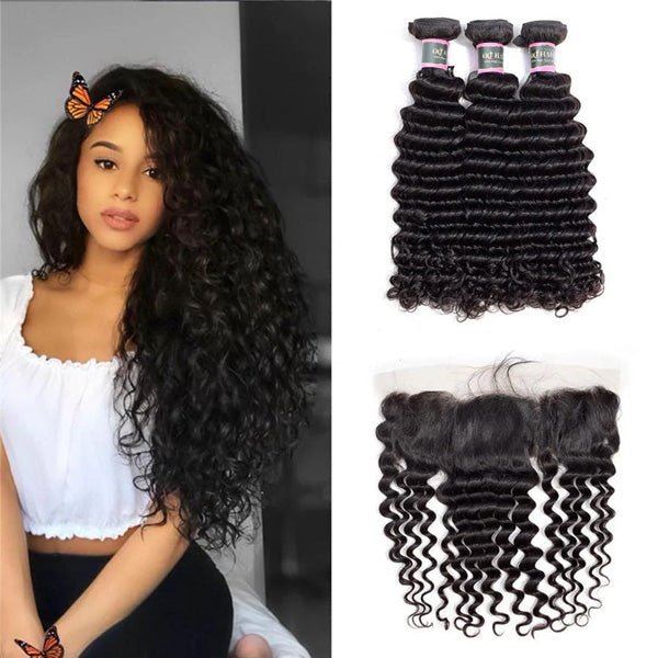 Deep Wave Human Hair 3 Bundles with 13*4 Lace Frontal Natural Black