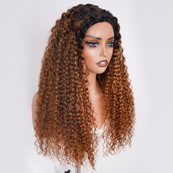 3 In 1 Half Wig | Water Wave Glueless Ombre Brown Wig With Black Roots Natural Blend Wear Go Half Wig