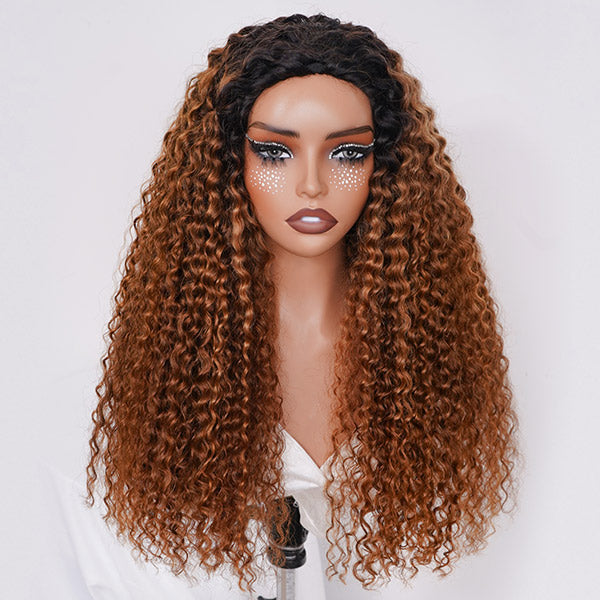 3 In 1 Half Wig | Water Wave Glueless Ombre Brown Wig With Black Roots Natural Blend Wear Go Half Wig