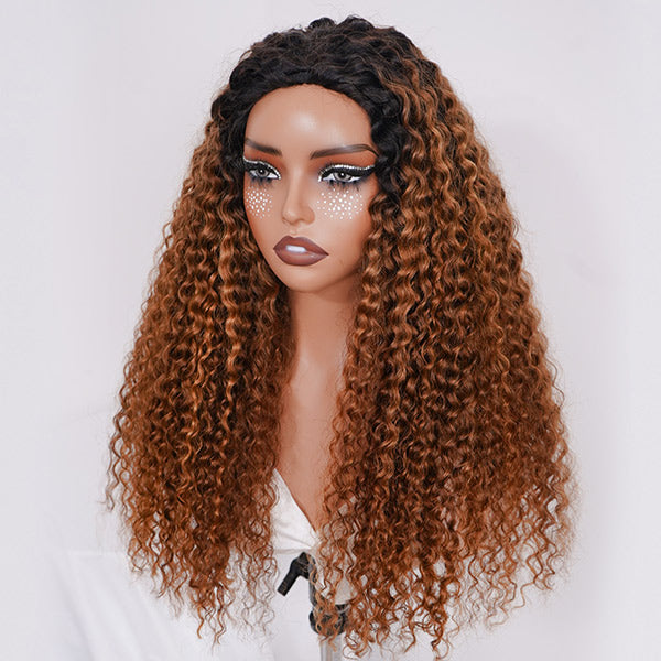 3 In 1 Half Wig | Water Wave Glueless Ombre Brown Wig With Black Roots Natural Blend Wear Go Half Wig