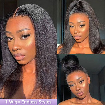 OQ HAIR Kinky Straight Invisi-Drawstring Flexible Fit 360 Lace Front Glueless Wig With Bleached Knots