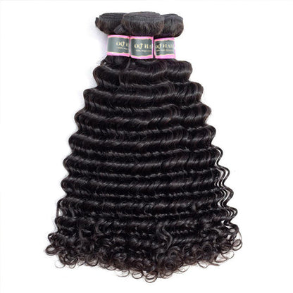 Deep Wave Human Hair 3 Bundles with 13*4 Lace Frontal Natural Black