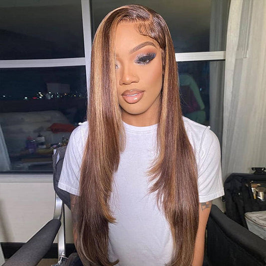 OQ HAIR Layered Cut Straight Brown Highlight Ombre Pre-cut Lace Wear Go Glueless Wig