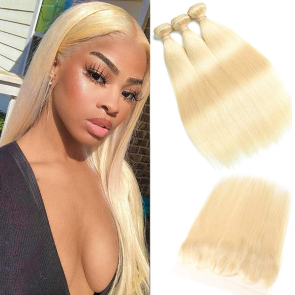 Straight 613 Blonde Color Bundles with 13x4 Lace Frontal Human Virgin Hair Pack