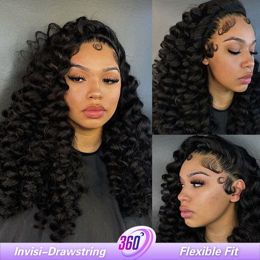 OQ HAIR Wand Curl 360 Glueless Wig Bleached Knots Invisi Drawstring Human Hair Wig