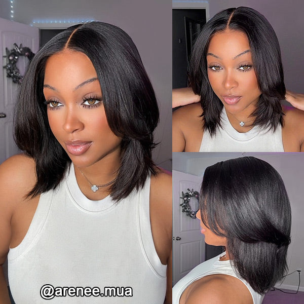 OQ HAIR Glueless Layered Cut Yaki Straight Wear Go Wig Pre-Cut 9x6 T Part Lace Bob Wig With Elastic Drawstring