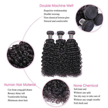 Water Wave Human Hair 3 Bundles with 13*4 Lace Frontal Natural Black