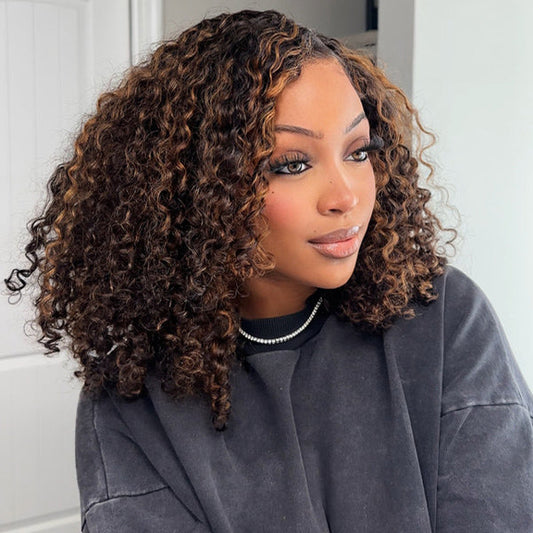 OQ HAIR Balayage Highlight Ombre Brown Water Wave Wear Go Glueless Wig With Natural Hairline