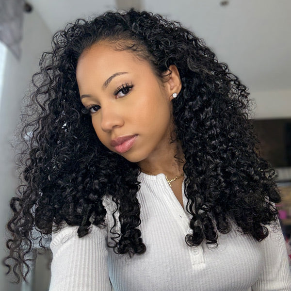 3 In 1 Half Wig | Burmese Curly Glueless Wear Go Half Wig With Elastic Drawstring Seamless Flip Over Wig