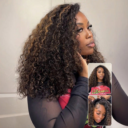 3 In 1 Half Wig | Water Wave Glueless Balayage Highlight Ombre Brown Wear Go Half Wig