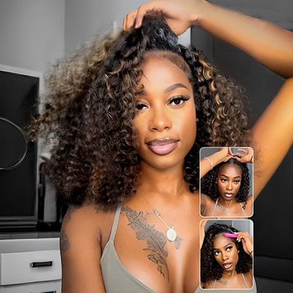 3 In 1 Half Wig | Water Wave Glueless Balayage Highlight Ombre Brown Wear Go Half Wig