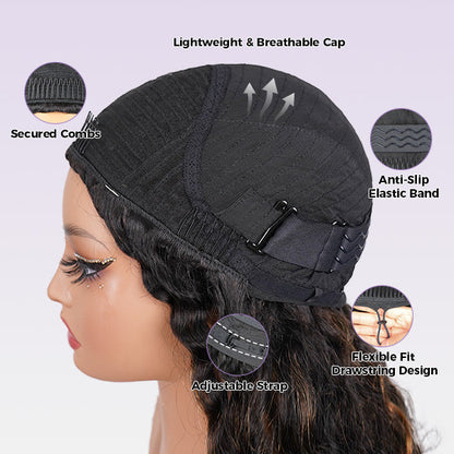 3 In 1 Half Wig | Water Wave Glueless Ombre Brown Wig With Black Roots Natural Blend Wear Go Half Wig