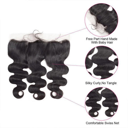 Body Wave Human Hair 3 Bundles with 13*4 Lace Frontal Natural Black