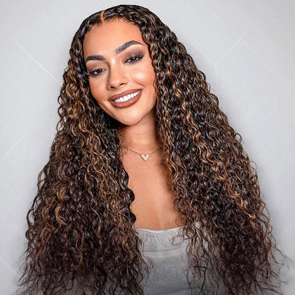 3 In 1 Half Wig | Water Wave Glueless Balayage Highlight Ombre Brown Wear Go Half Wig