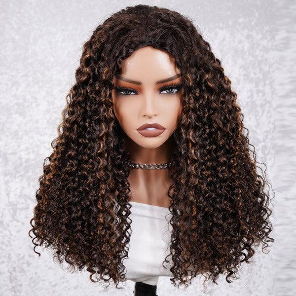 3 In 1 Half Wig | Water Wave Glueless Balayage Highlight Ombre Brown Wear Go Half Wig