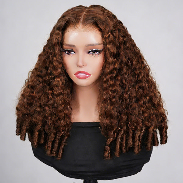 OQ HAIR Burmese Curly Glueless Wig Chocolate Brown Color Pre Cut 9x6 Lace Wear Go Wig With Elastic Drawstring