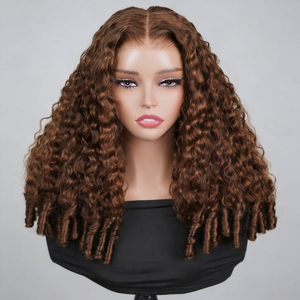 OQ HAIR Burmese Curly Glueless Wig Chocolate Brown Color Pre Cut 9x6 Lace Wear Go Wig With Elastic Drawstring