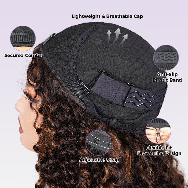 3 In 1 Half Wig | Water Wave Glueless Balayage Highlight Ombre Brown Wear Go Half Wig