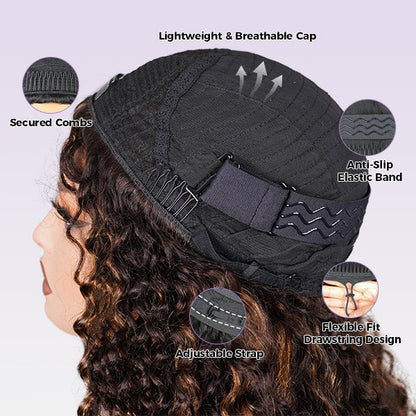 3 In 1 Half Wig | Water Wave Glueless Balayage Highlight Ombre Brown Wear Go Half Wig