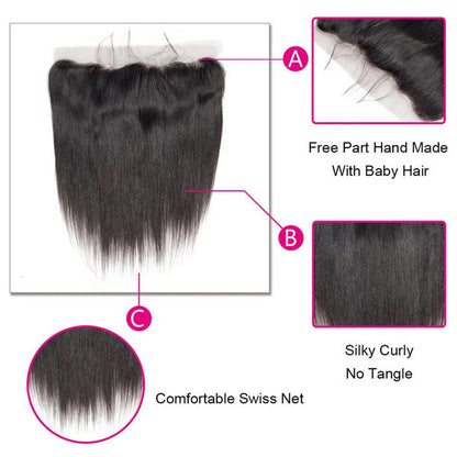 Straight Human Hair 3 Bundles with 13*4 Lace Frontal Natural Black