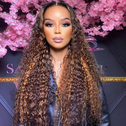 3 In 1 Half Wig | Water Wave Glueless Balayage Highlight Ombre Brown Wear Go Half Wig