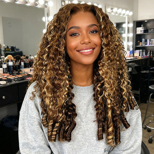 3 In 1 Half Wig | Burmese Curly Highlight 4/27 Color Wear Go Half Wig With Elastic Drawstring Flip Over Wig