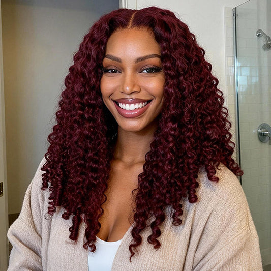 OQ HAIR Burgundy 99J Color Burmese Curly Glueless Wig Pre Cut 9x6 Lace Snug Fit Drawstring Wear Go Wig