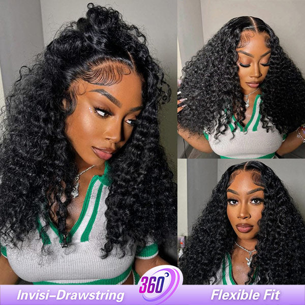 OQ HAIR Deep Wave Invisi-Drawstring 360 Lace Glueless Wig Bleached Knots Wear Go Wig