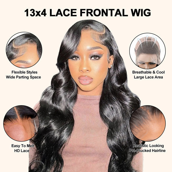 Unprocessed Soft and Healthy Hair Body Wave Lace Front Wig Skin Melt HD Lace Wigs Brazilian Human Virgin Hair Natural Black